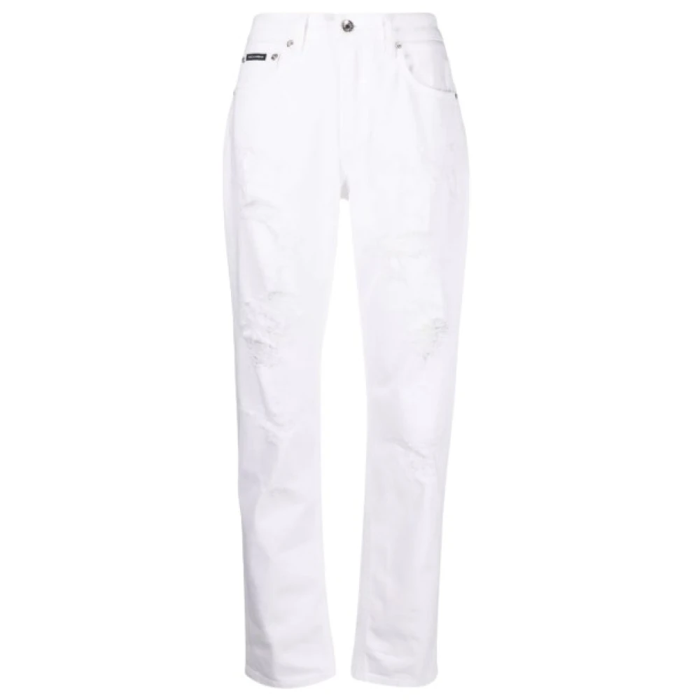 Dolce & Gabbana Women's White Straight Trousers, Xs, Distressed Boyfriend Jeans
