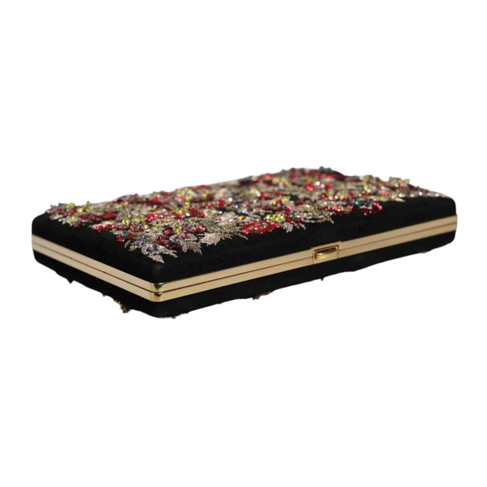 Dolce & Gabbana Zwarte Bloemen Gouden Frame Clutch Portemonnee Multicolor Dames