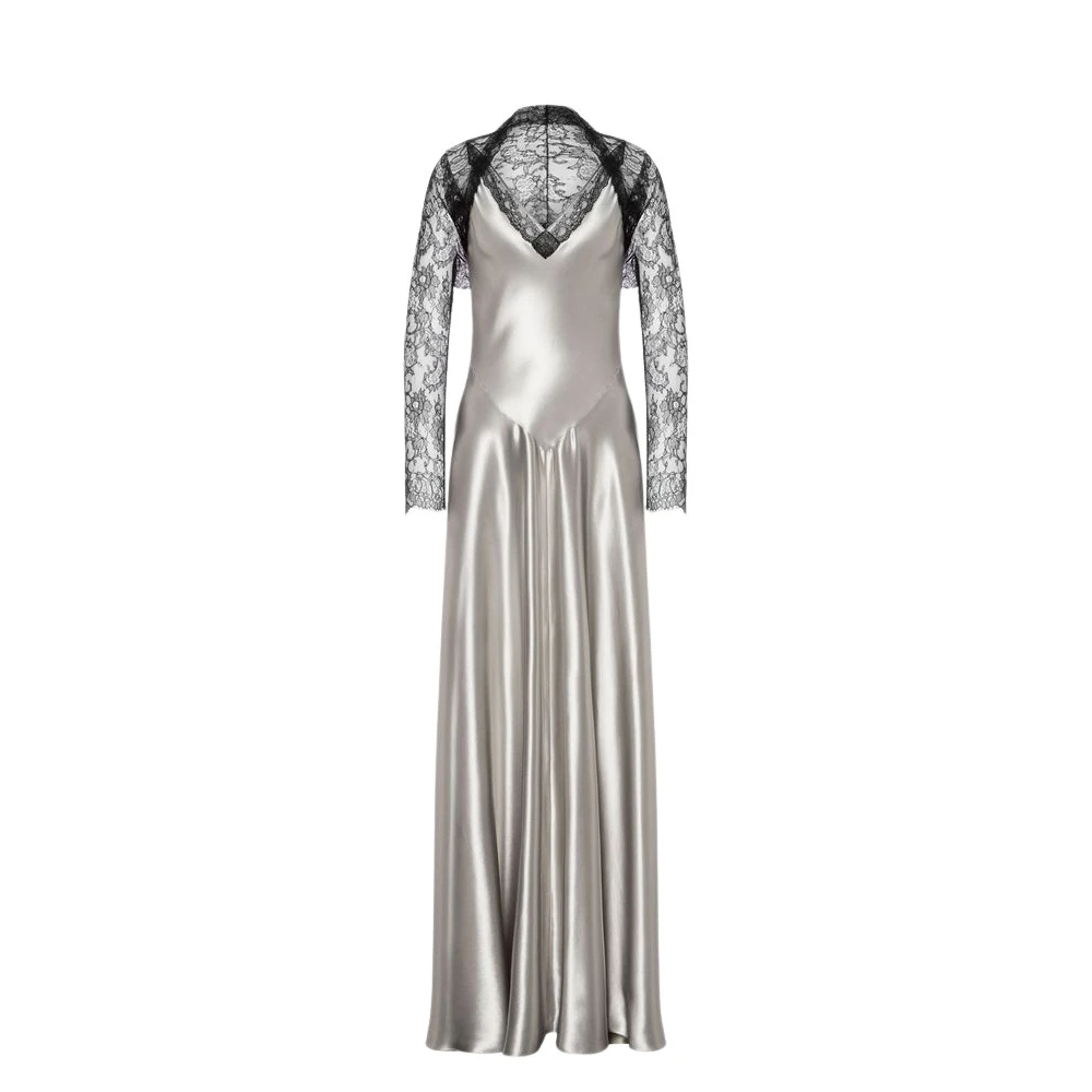 Alberta Ferretti Women's Gray Gowns, L, Glossy Satin And Lace Dress