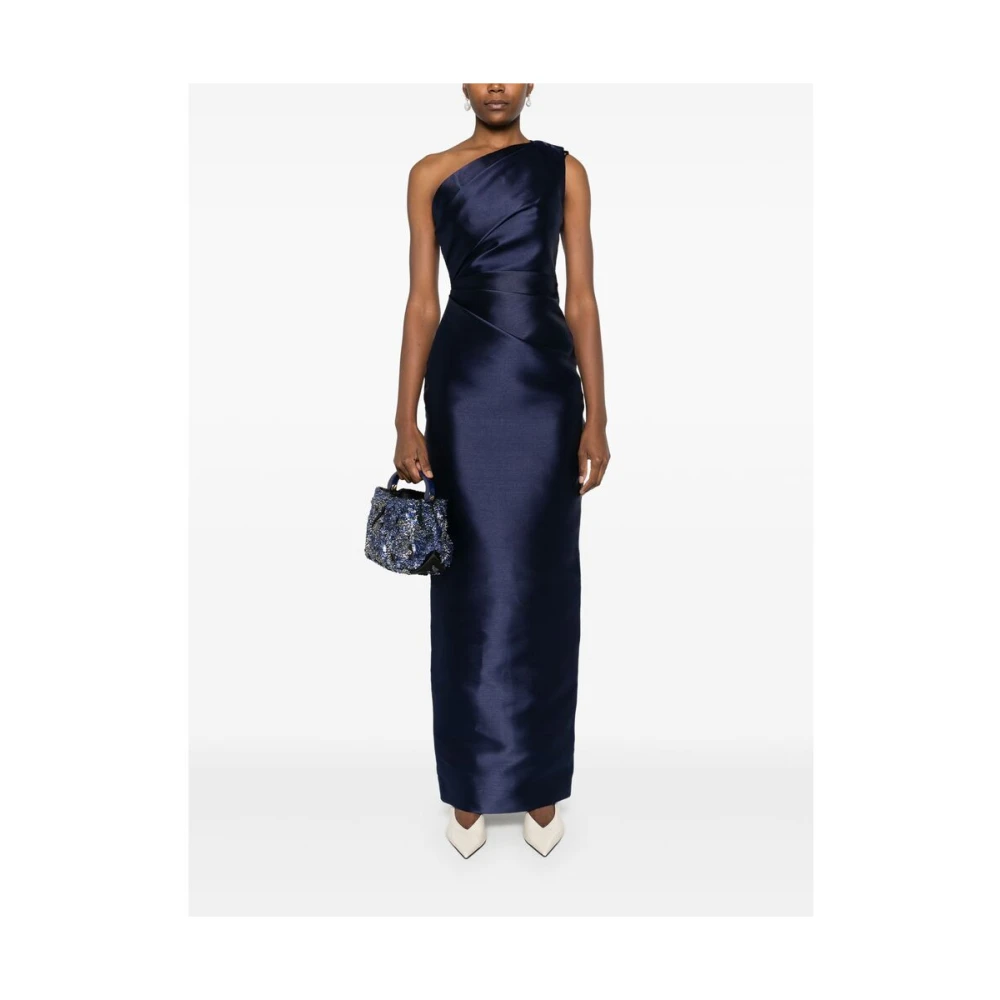 Solace London Navy Blauw Satijn One-Shoulder Jurk Blue Dames