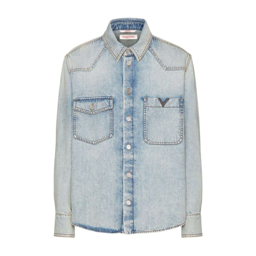 Valentino Denim overhemd met V-detail zak Blue Heren