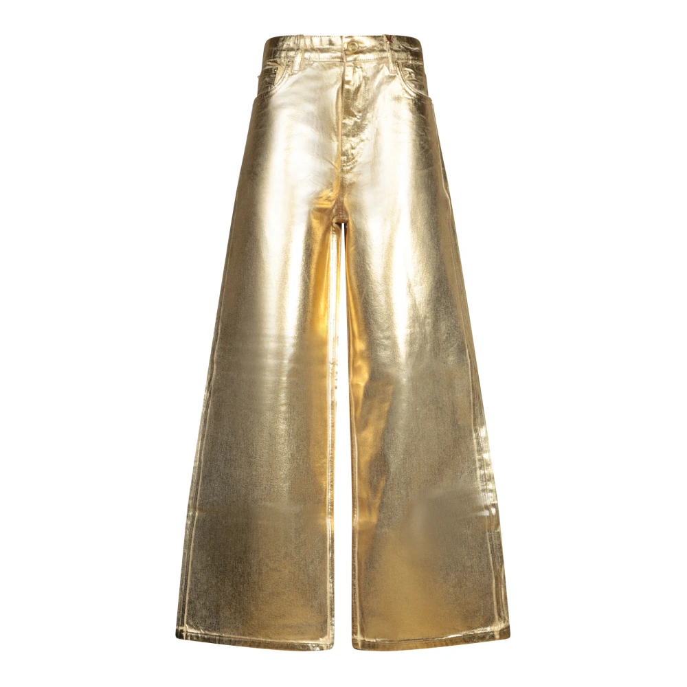 Ganni Gouden Metallic Foil Wide-Leg Jeans Yellow Dames