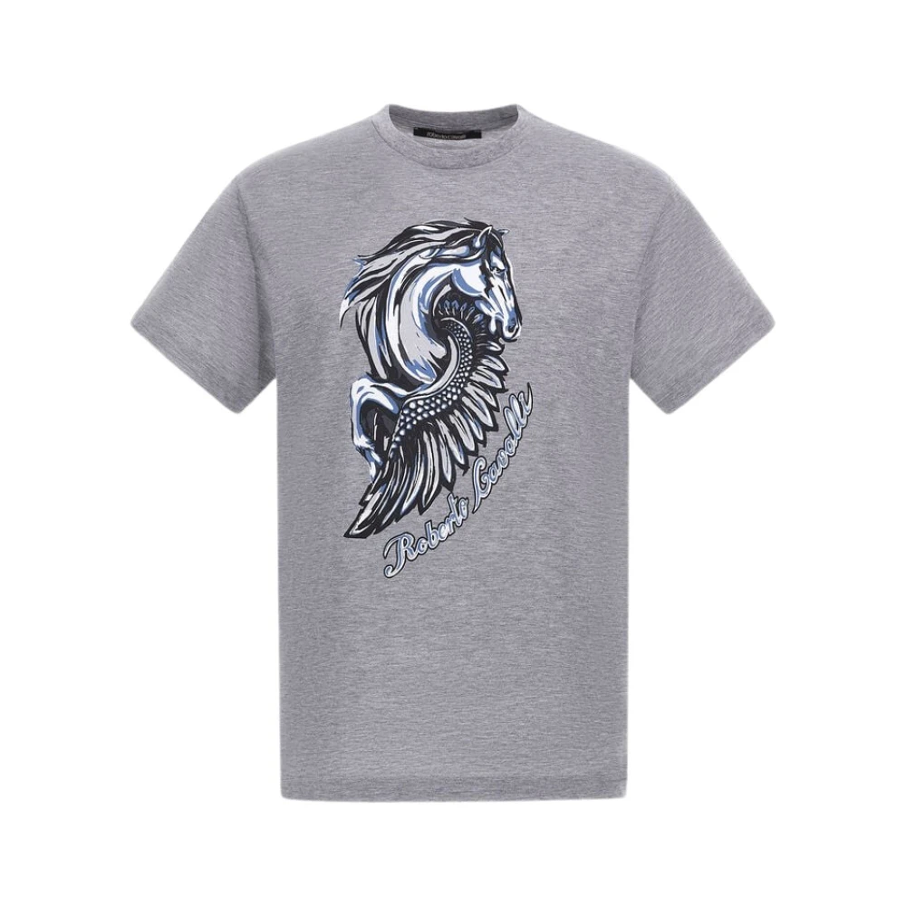 Roberto Cavalli T-shirt met Paardenlogo en Print Ronde Hals Gray Heren