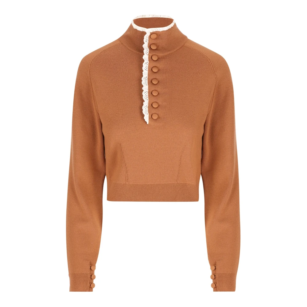 Chloé , Turtlenecks, Female, Brown, M, Wool Knit & Lace High-Neck Jumper