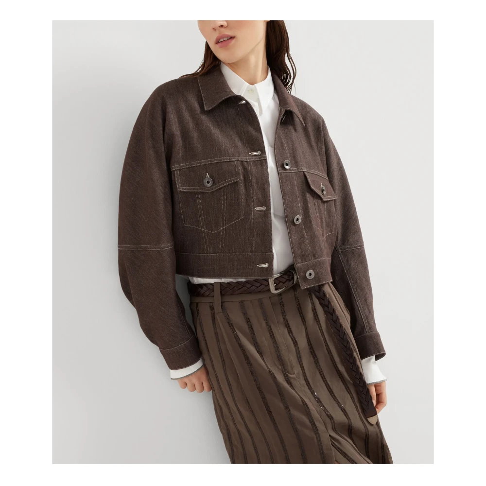 BRUNELLO CUCINELLI Denim-effect twill buitenkleding jas met monili Brown Dames