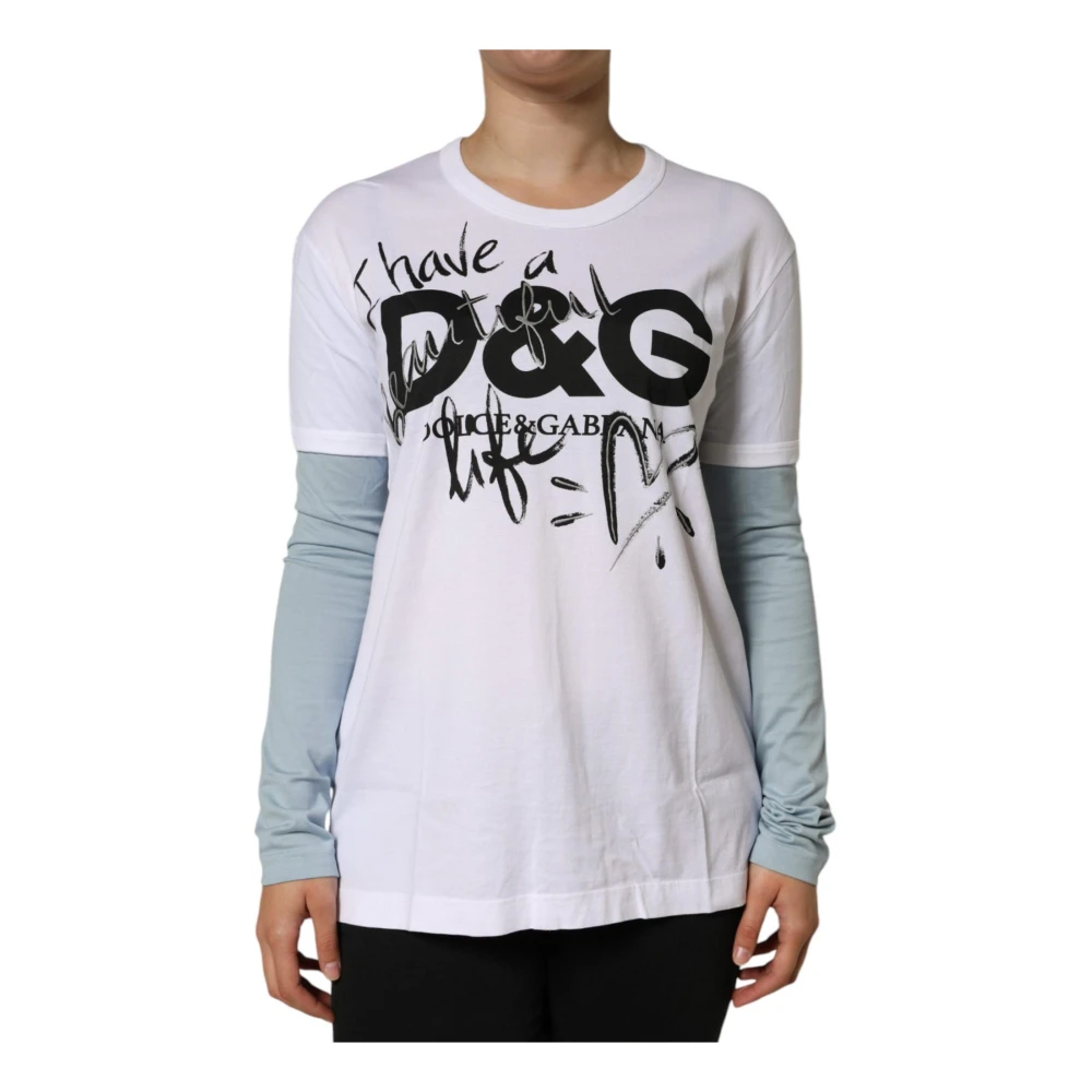 Dolce & Gabbana , Long Sleeve T-Shirts, Female, White, M, White Logo Print Cotton T-Shirt