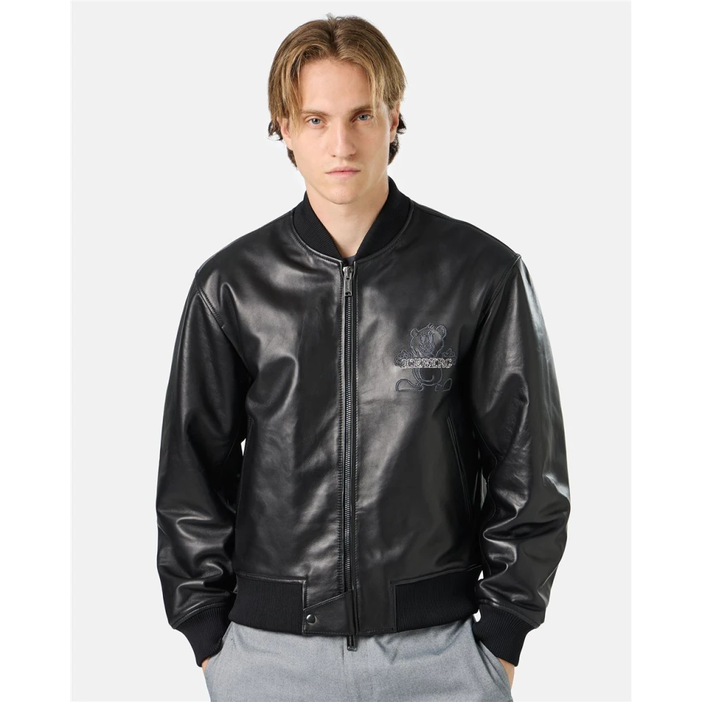 Iceberg Zwarte leren bomberjack met beerborduursel en dubbele schuifrits met logo Black Heren