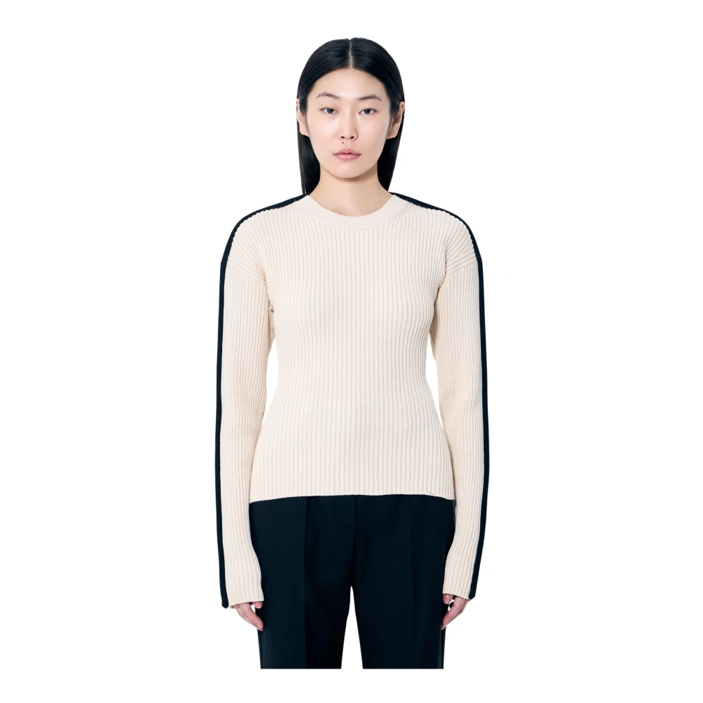 Sportmax Femme Beige Pulls, Taille: 36 Fr Pull En Coton Côtelé Col Rond