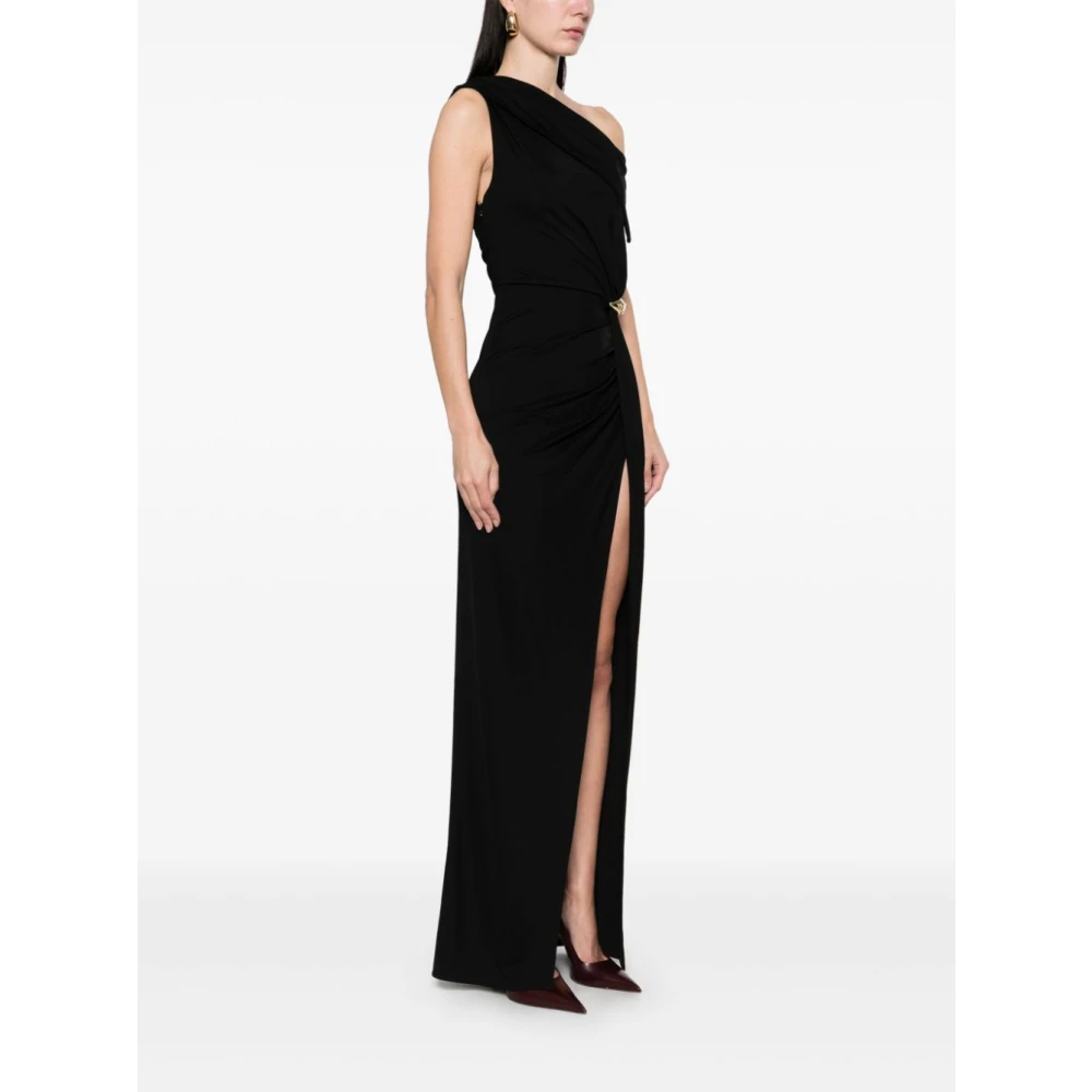 Elisabetta Franchi Zwarte Gedrapeerde Logo Detail Jurk Black Dames