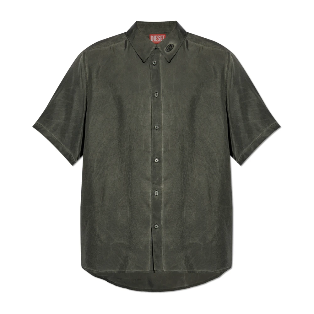 Diesel Uomo Grigio Camicia A Maniche Corte Increspata Con Colletto Logato