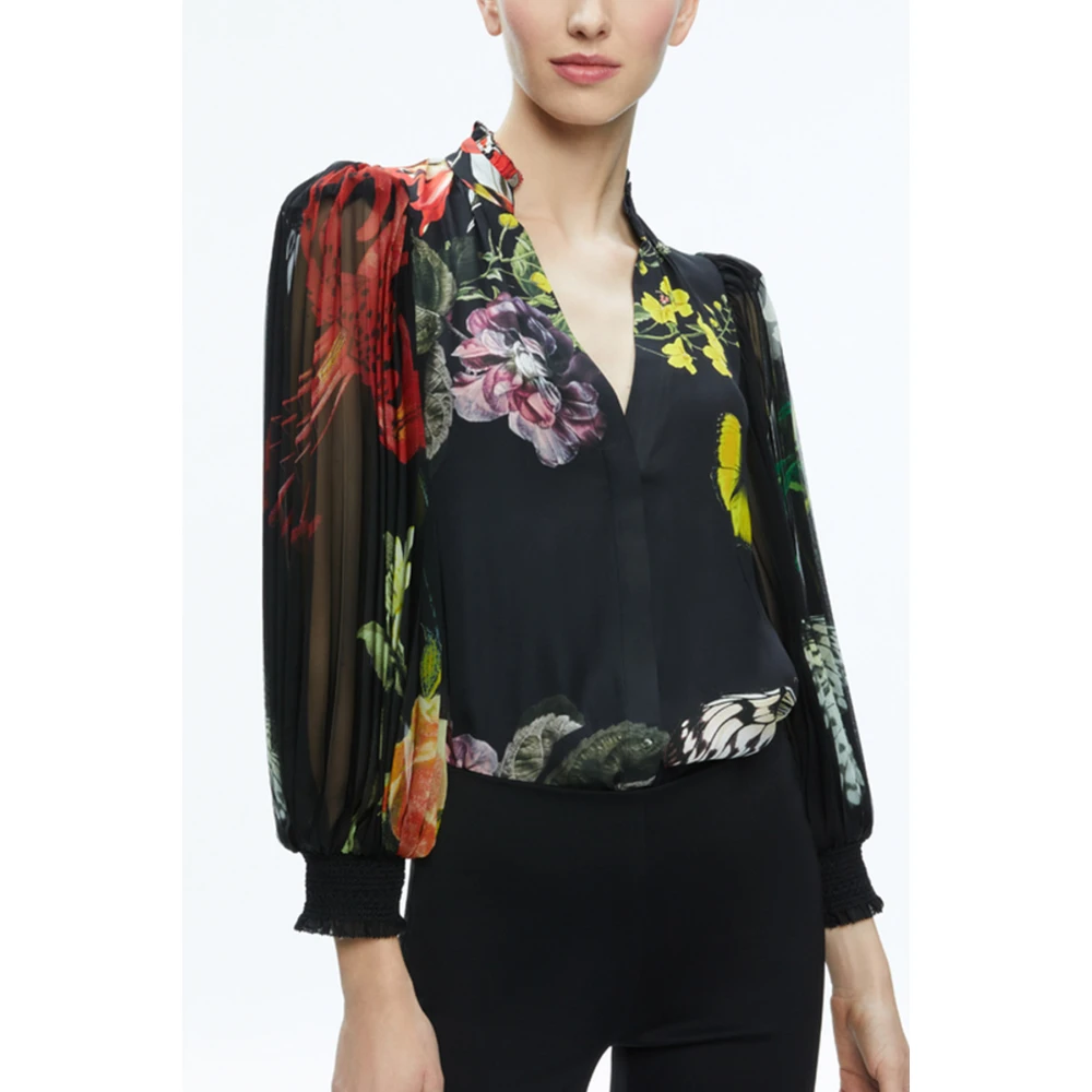 alice + olivia Satin Finish V-Neck Balloon Sleeve Shirt Multicolor Dames