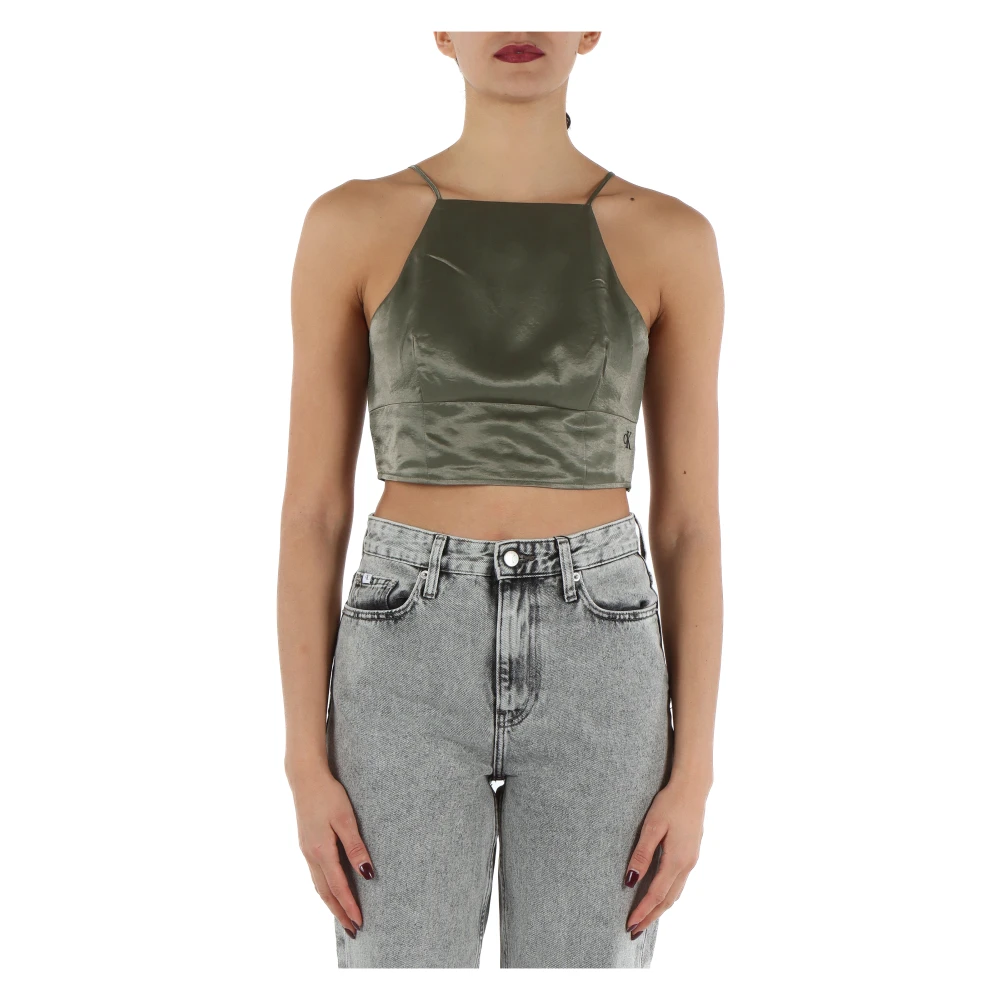 Calvin Klein Jeans Top met geborduurd logo en vierkante halslijn Green Dames