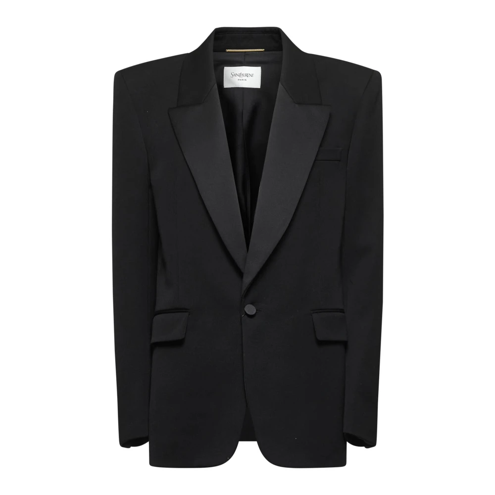 Saint Laurent Zwart Wollen Jas met Piekrevers Black Dames