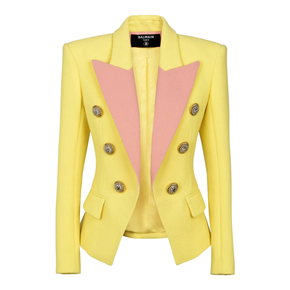 Balmain 6-knoops dubbele crêpe tweekleurige jas Yellow Dames