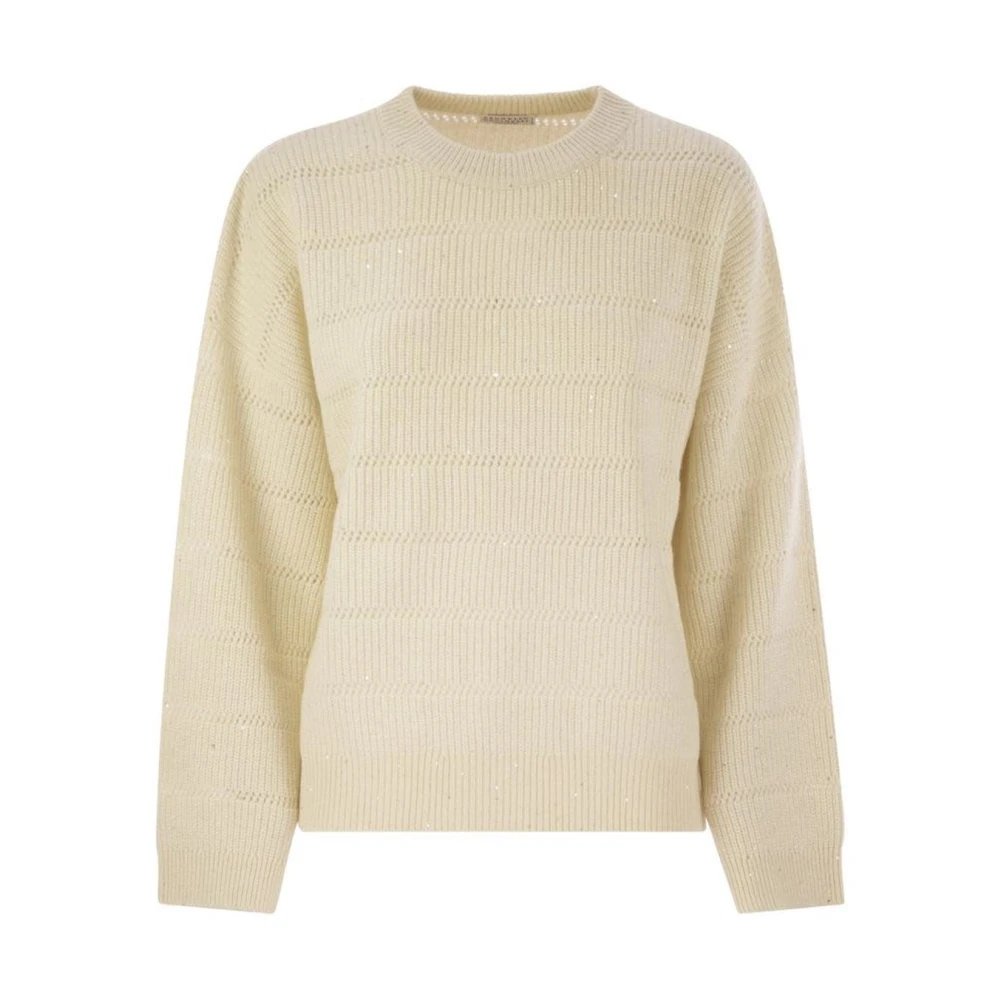 Brunello Cucinelli Beige Sequin Stripe Knit Jumper - Female - Round-Neck Knitwear - M - Knitwear