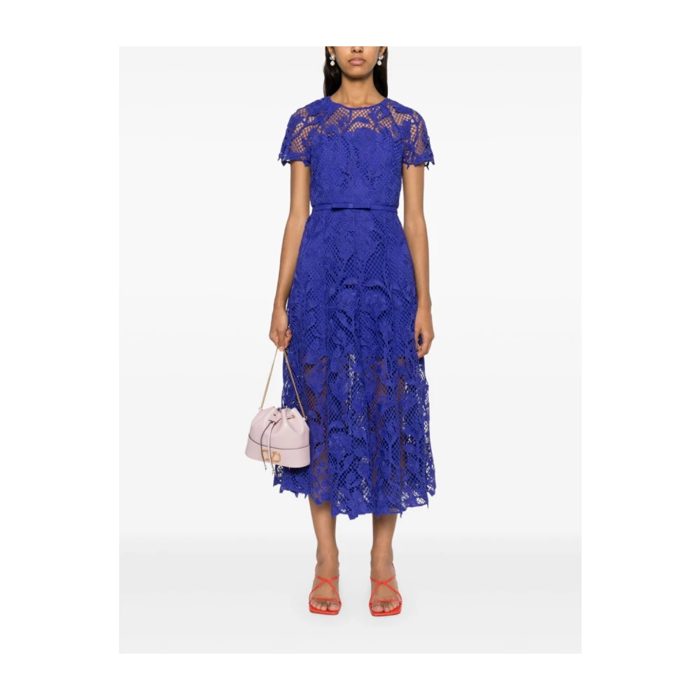 Self Portrait Blauwe Bloemen Kant Midi Jurk Blue Dames