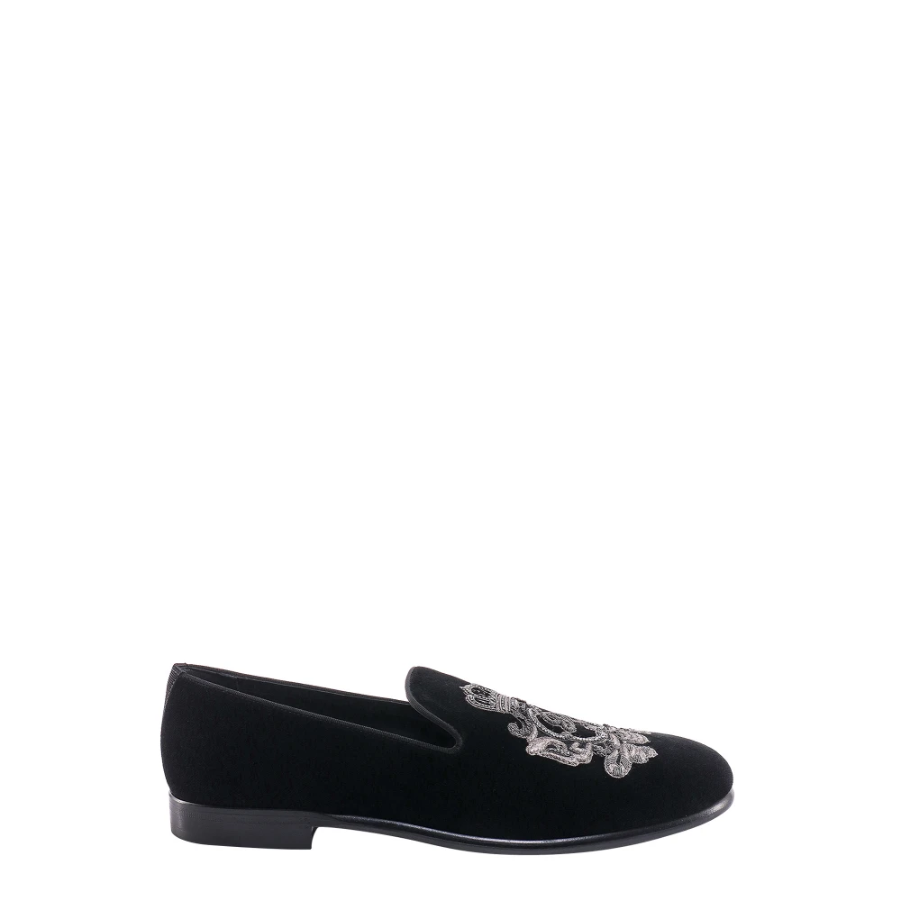 Dolce & Gabbana Mannelijk Zwart Schoenen Heren, 40 Eu, Velvet Loafers Met Geborduurd Logo