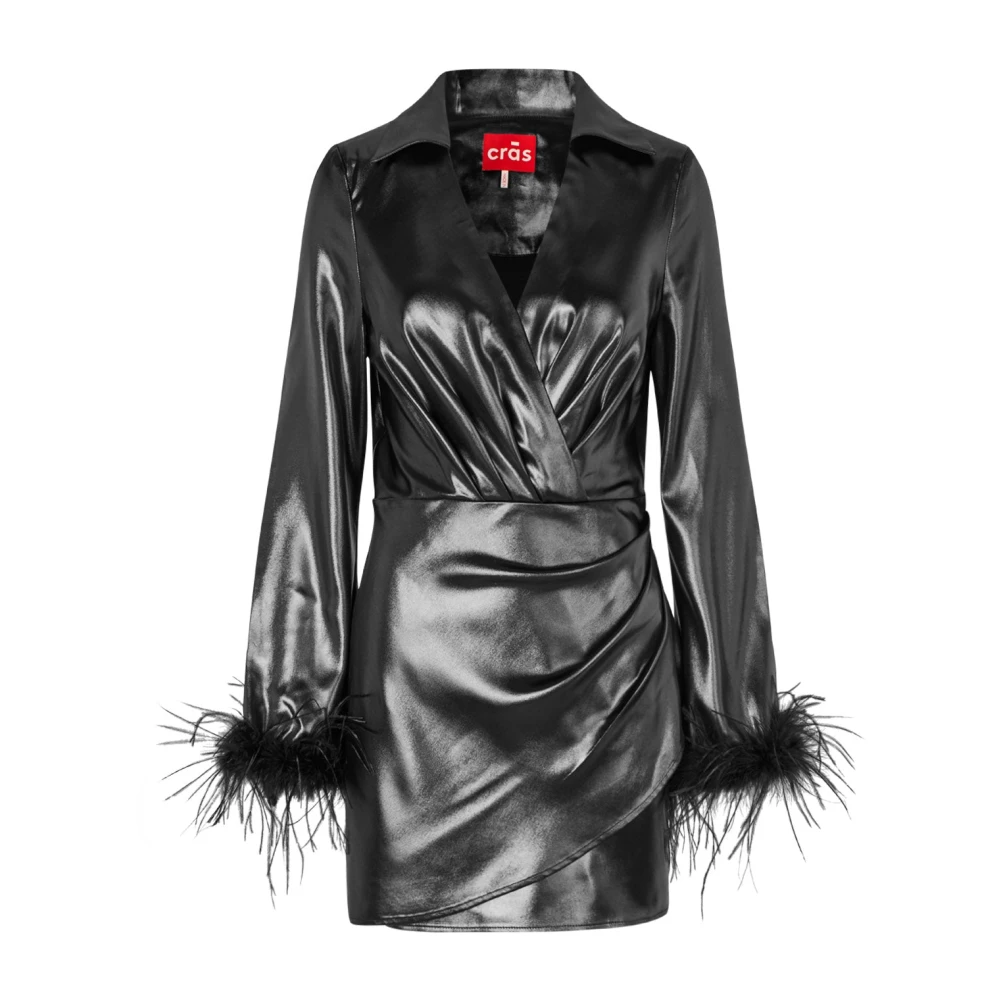 Cras Zwarte Gedrapeerde Jurk met Veerdetail Black Dames