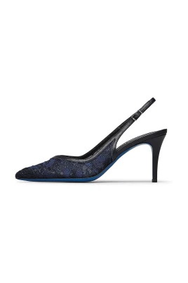 Slingback i marinblå spets och nappa