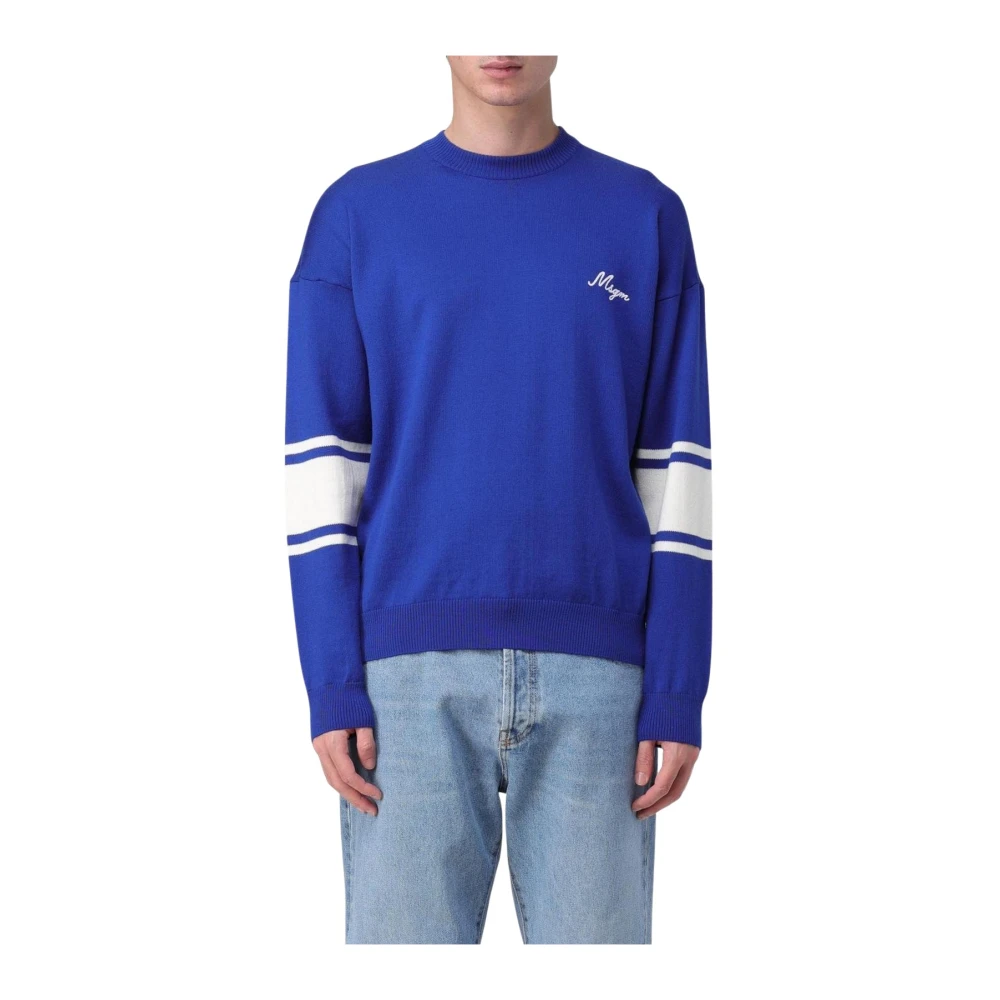 Msgm Men's Blue Round-Neck Knitwear, L, Knit Crewneck Jumper