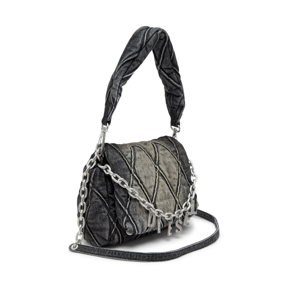 Diesel Gewatteerde Zwarte Denim Tas met Strass Hangers Black Dames
