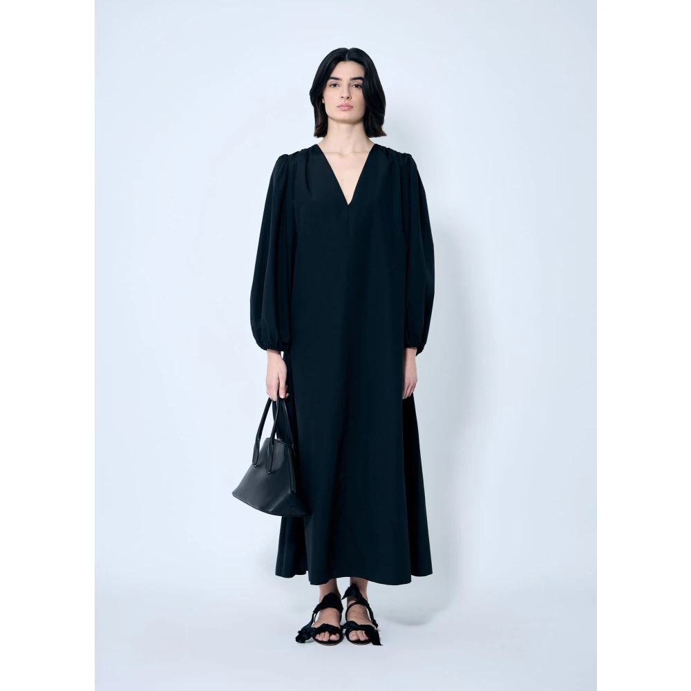 The Row Zijde Blend Midi Jurk Ballonmouwen Black Dames