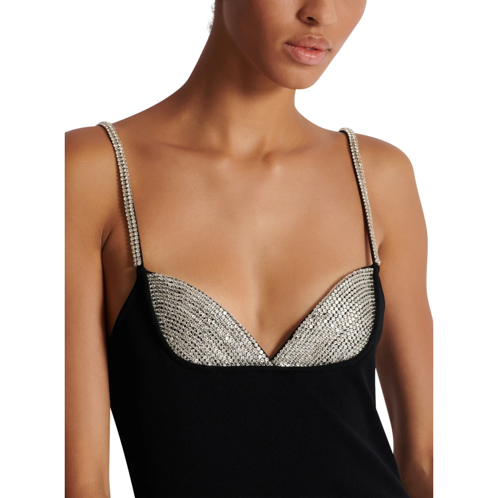 Balmain Lange Geborduurde Gebreide Jurk met Beensplit Black Dames