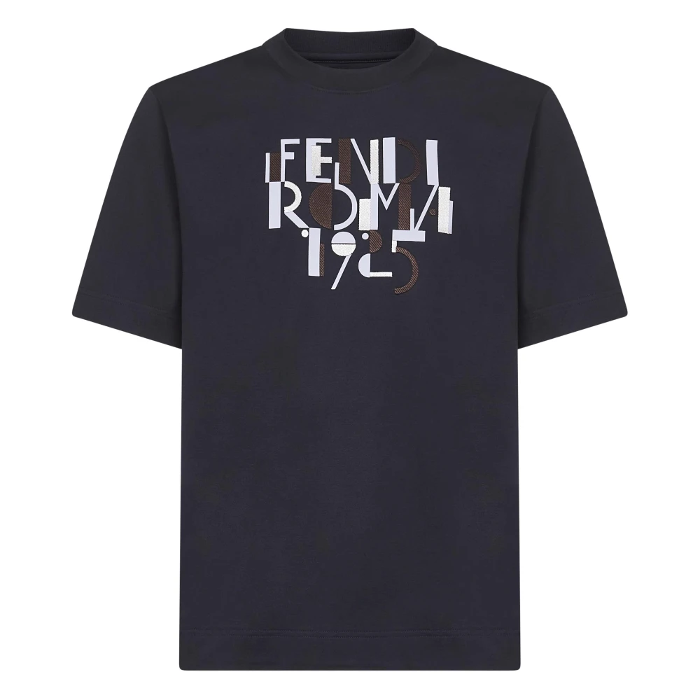 Fendi Men's Blue T-Shirts, M, Crewneck T-Shirts With Roma Print