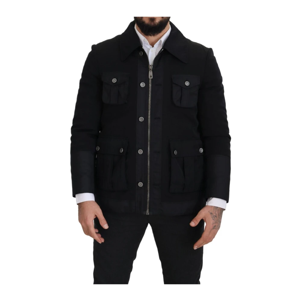 Dolce & Gabbana Elegante Zwarte Wol Zip Jas Black Heren