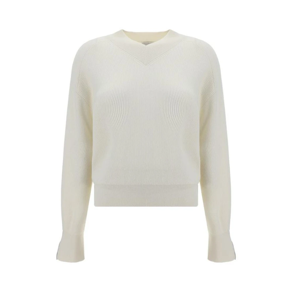 BRUNELLO CUCINELLI Geribbelde V-hals Kasjmier Trui White Dames