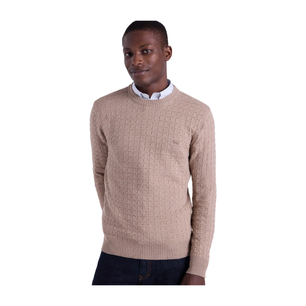 Harmont & Blaine Men's Brown 3D Plaid Crewneck Pullover - Round-Neck Knitwear - M - Knitwear