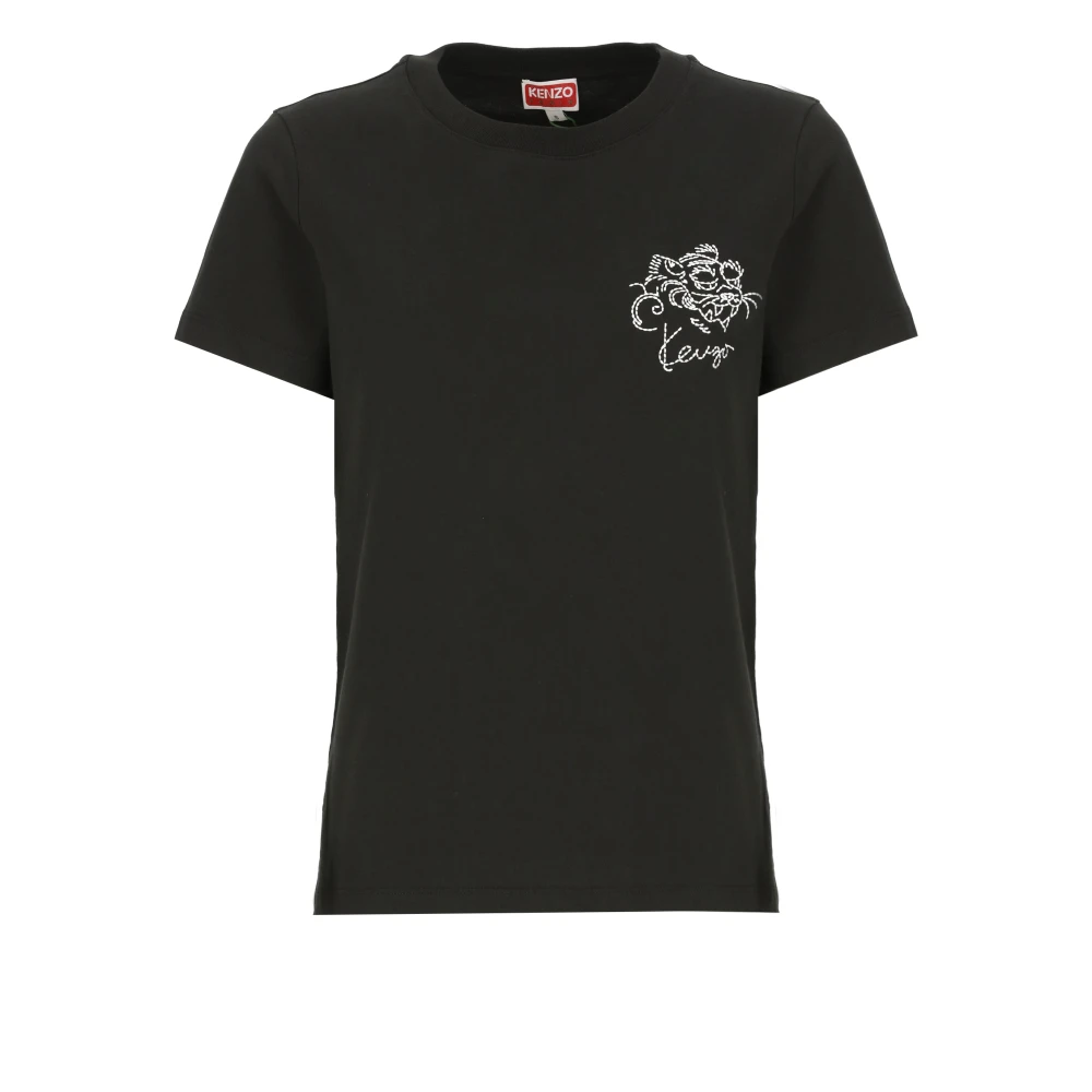 Kenzo Zwart Katoenen T-shirt met Logo Borduurwerk Black Dames