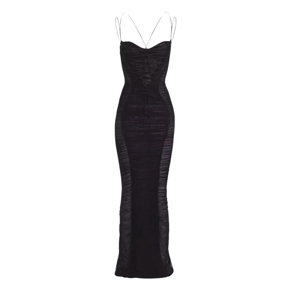 Mugler Zwarte Maxi Jurk met Doorzichtige Inzetstukken Black Dames