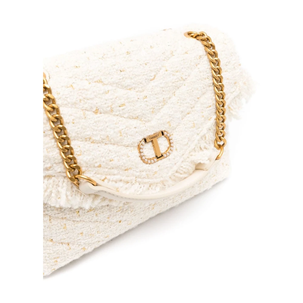Twinset Chique Tweed Schoudertas met Franje Klep White Dames