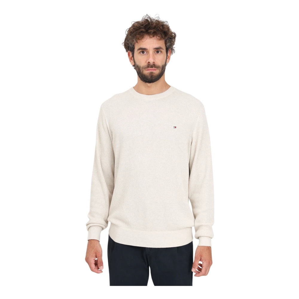 Tommy Hilfiger Beige Crew-Neck Sweater met Honeycomb Weave Beige Heren