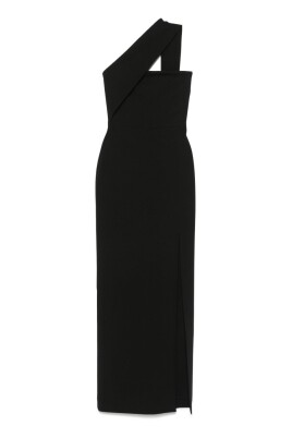black-asymmetric-neck-open-back-dress