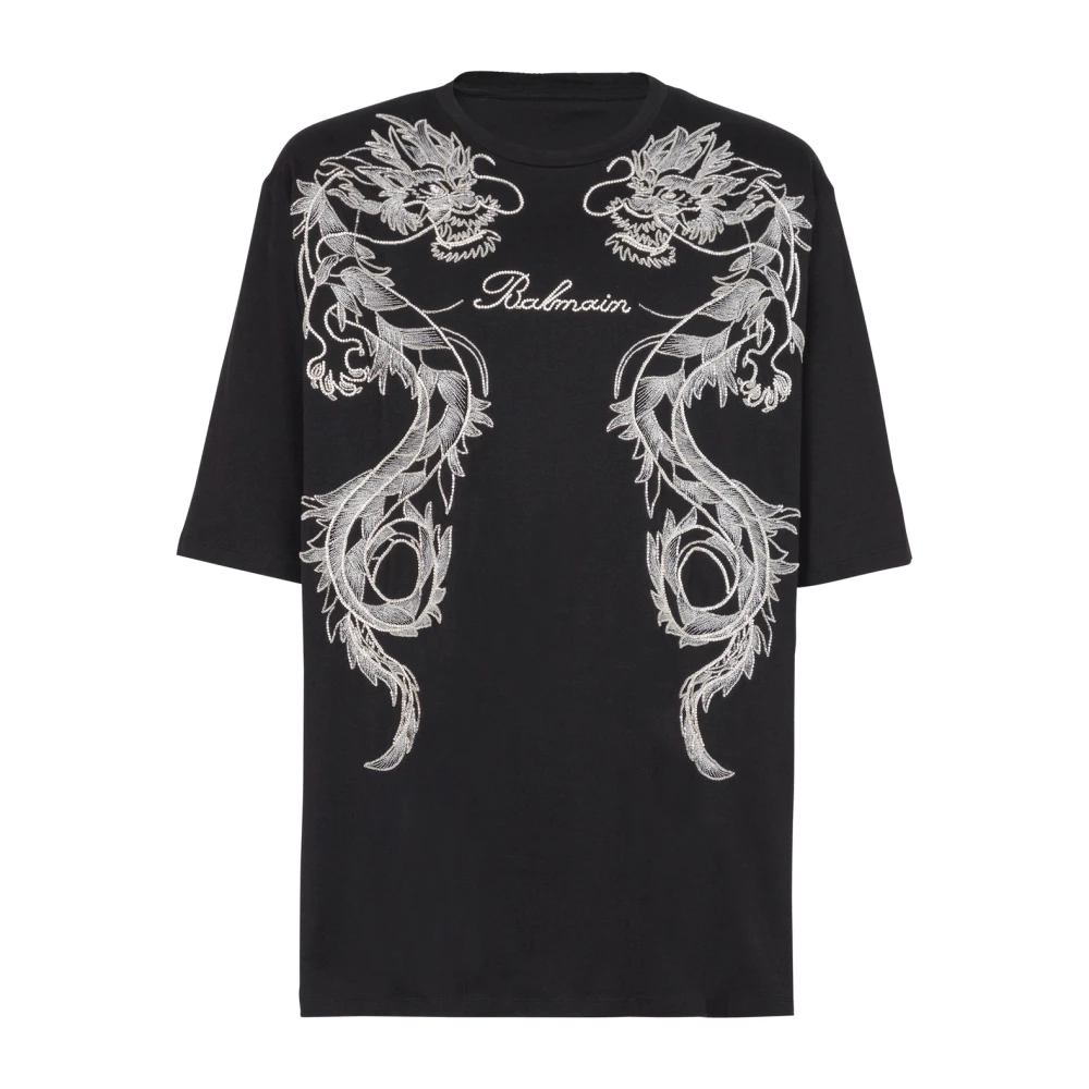 Balmain Broderad T-shirt med drake och strasstenar Black, Herr