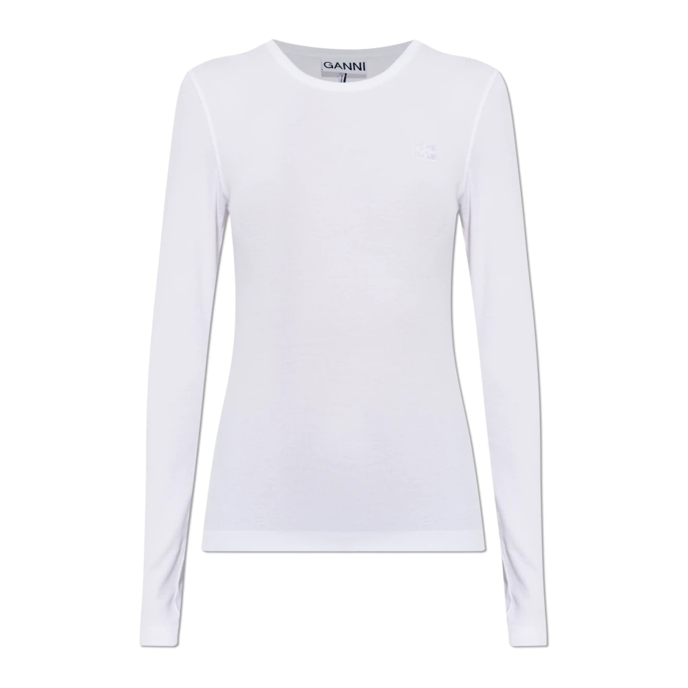 Ganni Vrouw Wit Tops Dames, L, Katoen, Rib Longsleeve Top