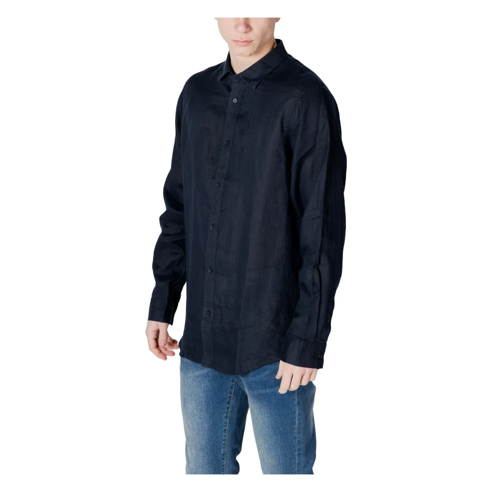 Armani Exchange Blauwe Linnen Knoopshirt Blue Heren