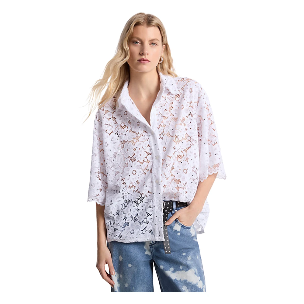 Michael Kors Women's White Floral Lace Studded Shirt - Blouses - M - Blouses & Shirts