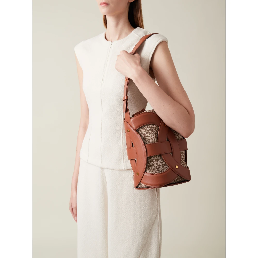 Borbonese Middelgrote Leren Bucket Bag met Weefsel Brown Dames