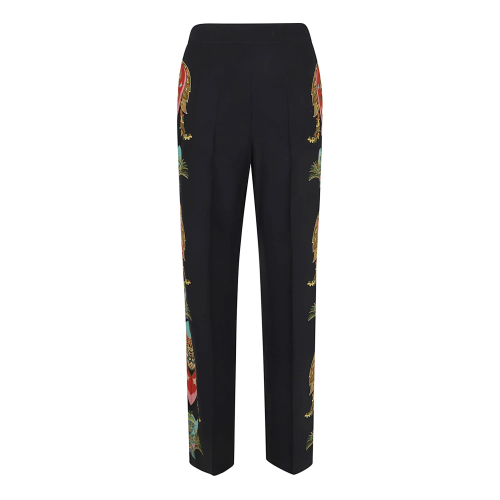 Etro Women's Black Straight Trousers, Xs, Silk Palazzo Trousers With Placed Paisley Foliage Print