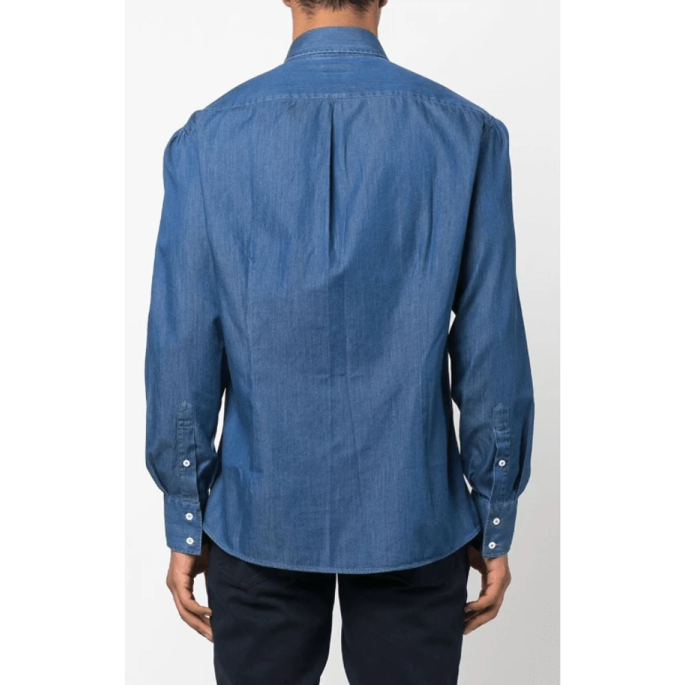 BRUNELLO CUCINELLI Blauwe Denim Katoenen Overhemd Klassieke Kraag Blue Heren