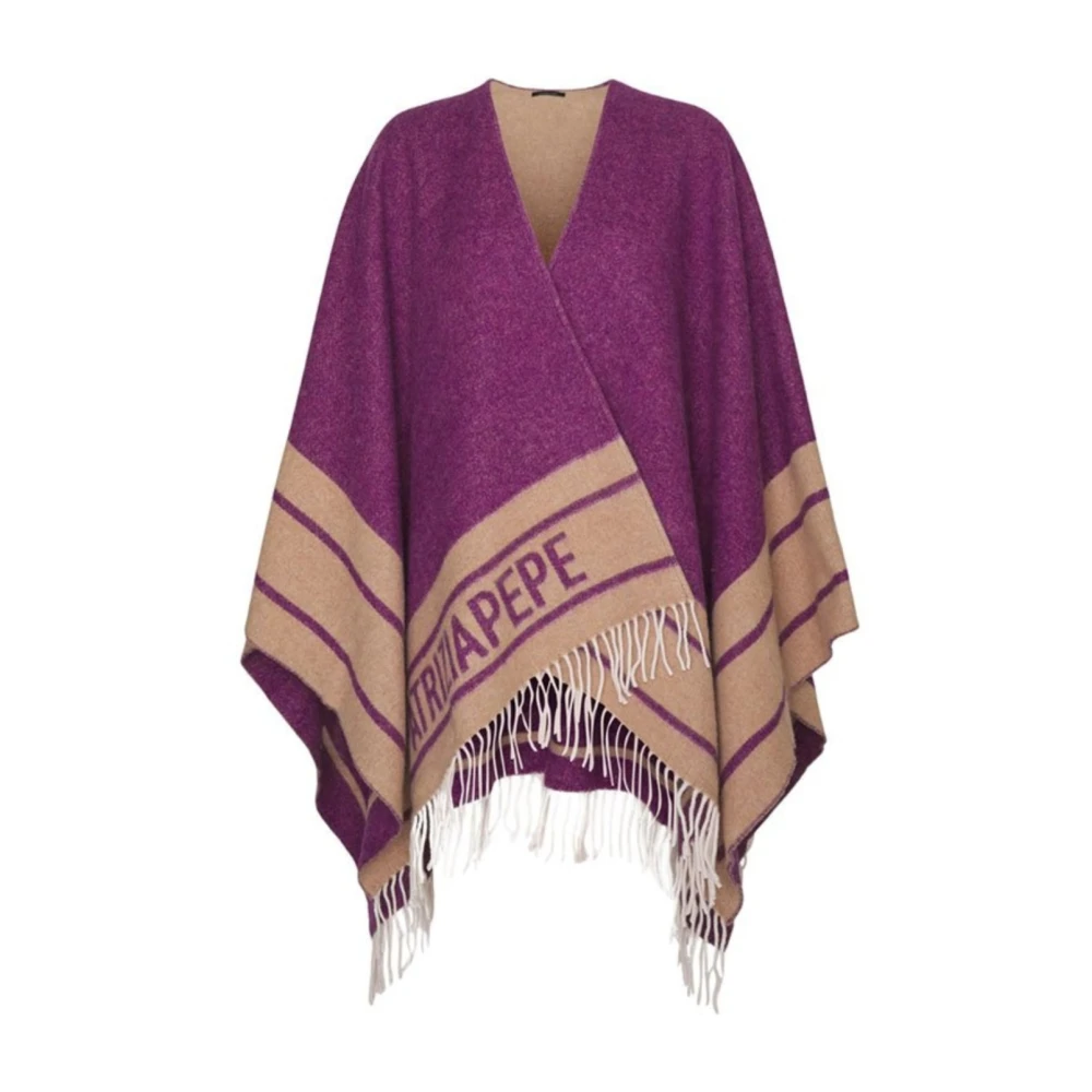 Patrizia Pepe Women's Purple Fringed Poncho With Logo Jacquard - Ponchos - One Size - Jackets