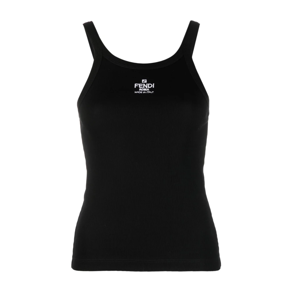 Fendi Women's Black Sleeveless Tops, M, Ribbed Tank Top