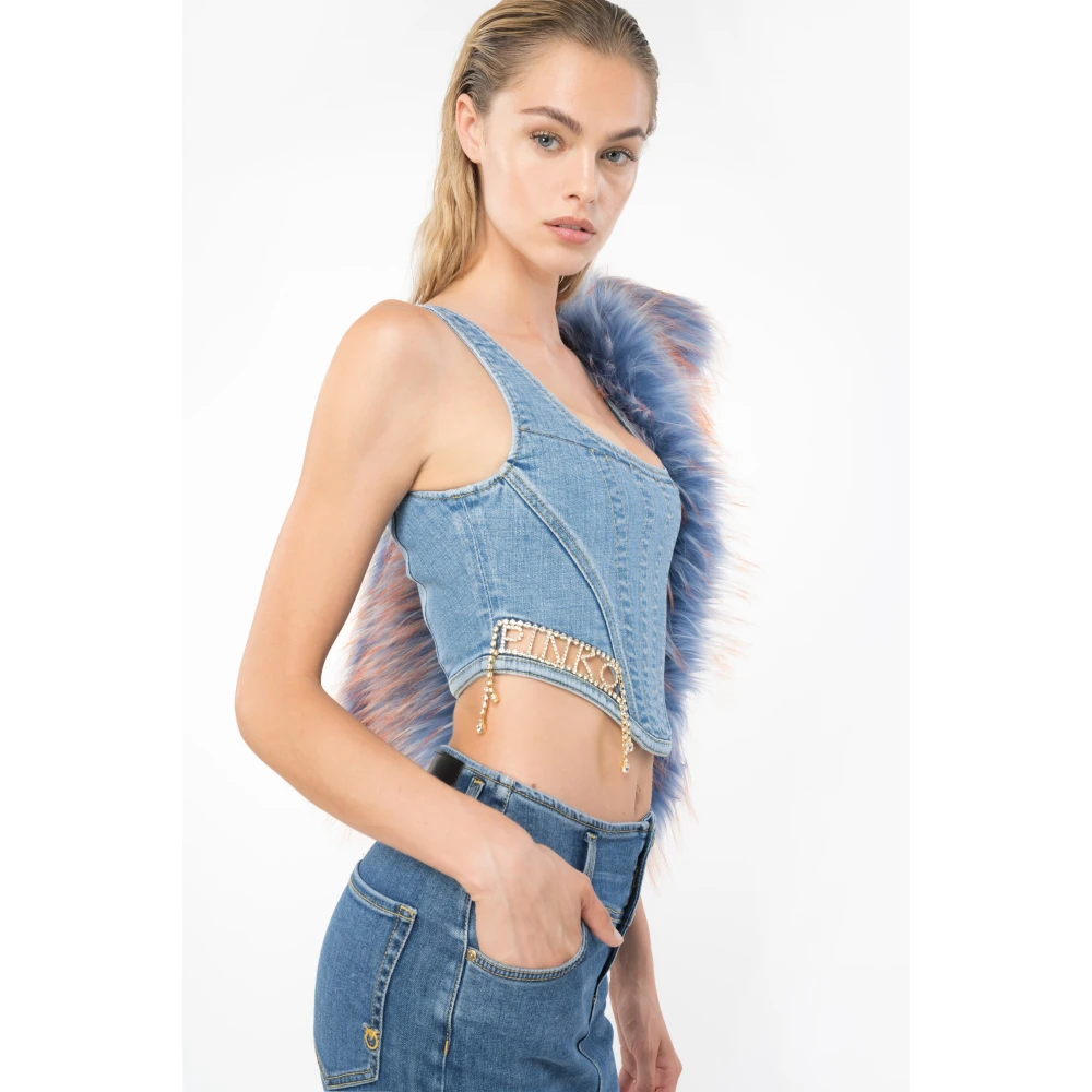 pinko Denim Bustier Top met Rhinestone Logo Blue Dames