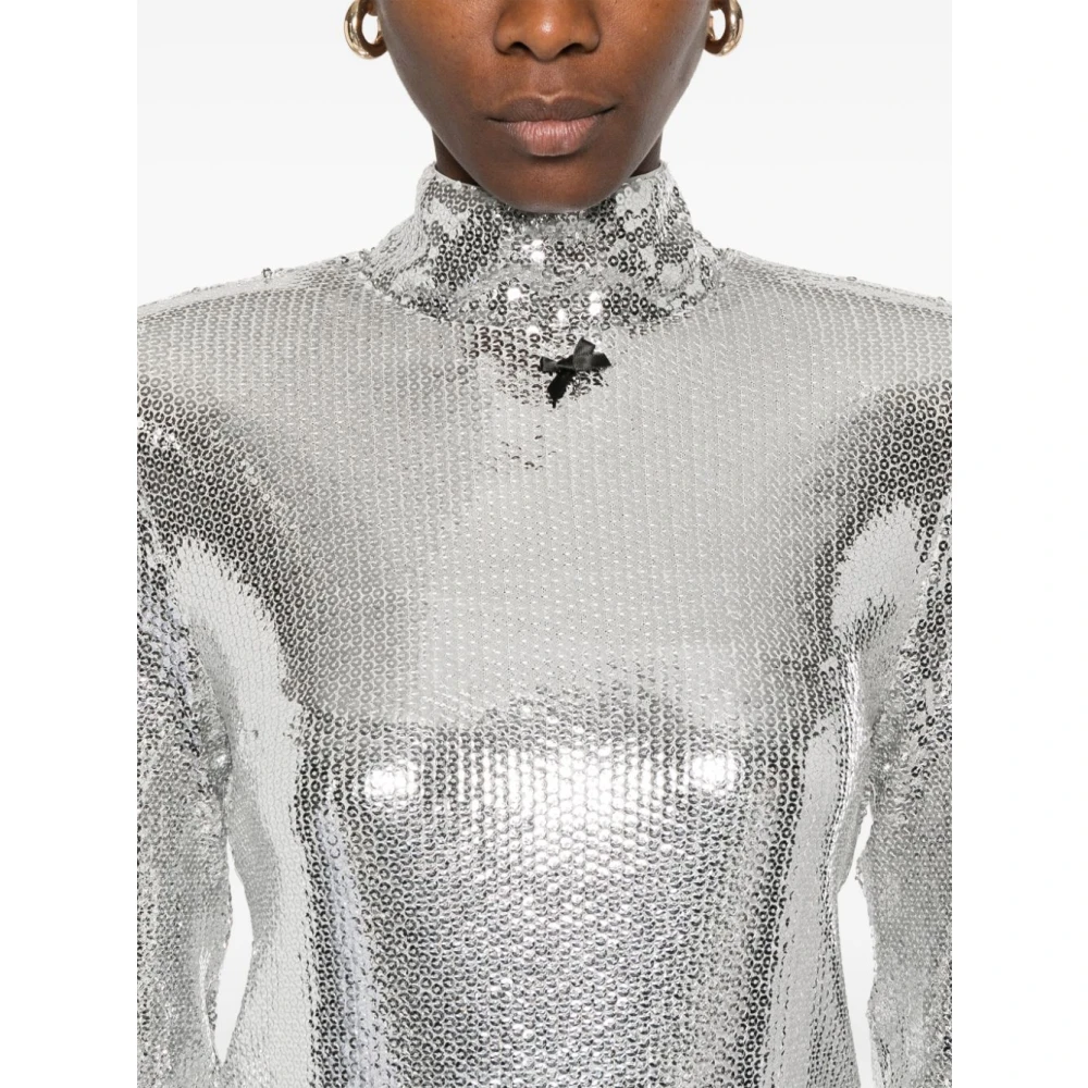 Rotate Birger Christensen Zilveren Top met Pailletten Hoge Hals en Strikdetail Gray Dames