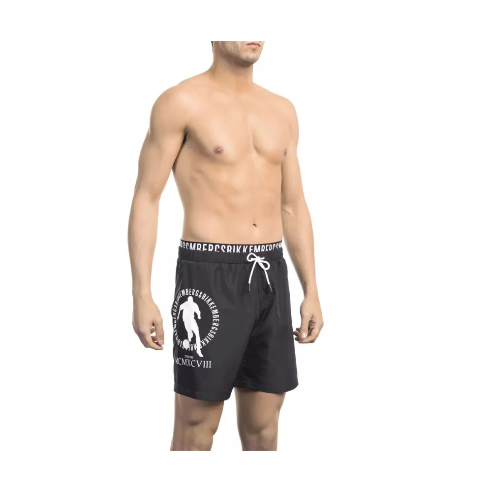 Bikkembergs Men's Black Beachwear, Xl, Layered Swim Shorts With Logo