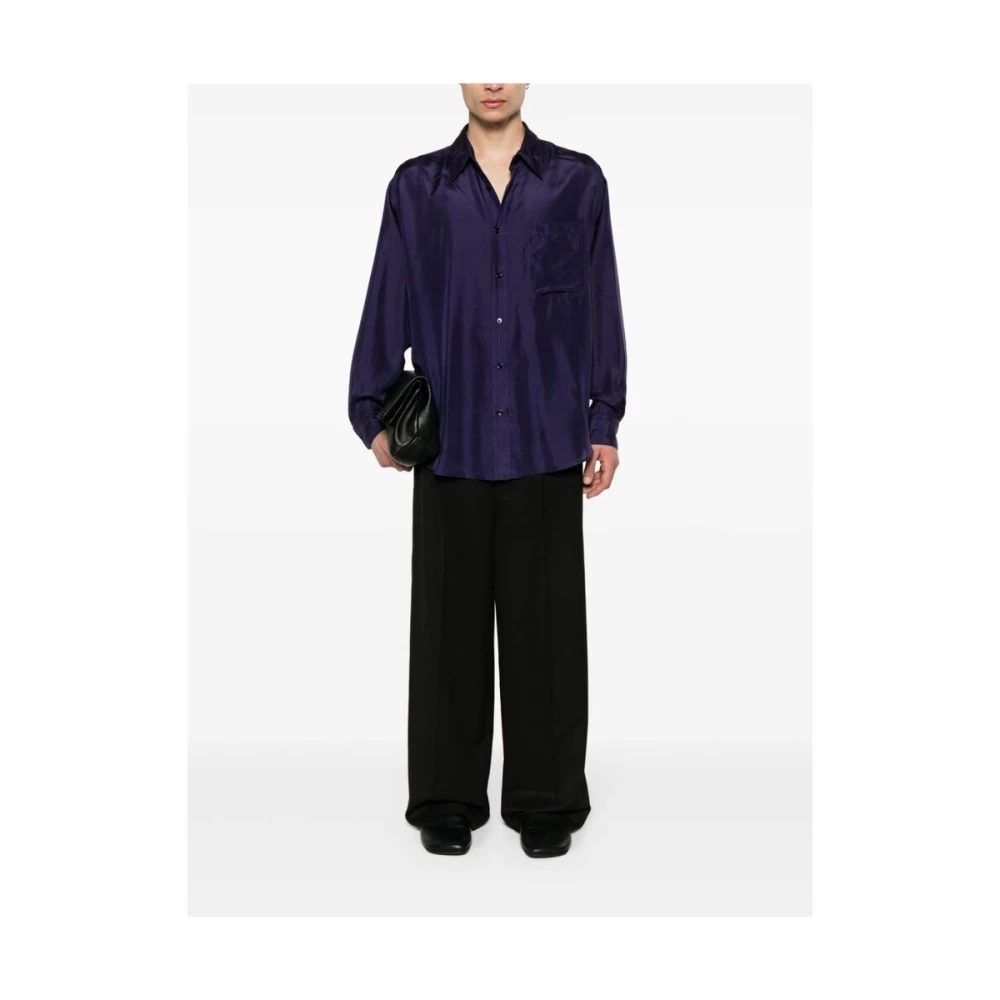 Lemaire Paarse Zijden Satijnen Overhemd Box-Pleat Purple Heren