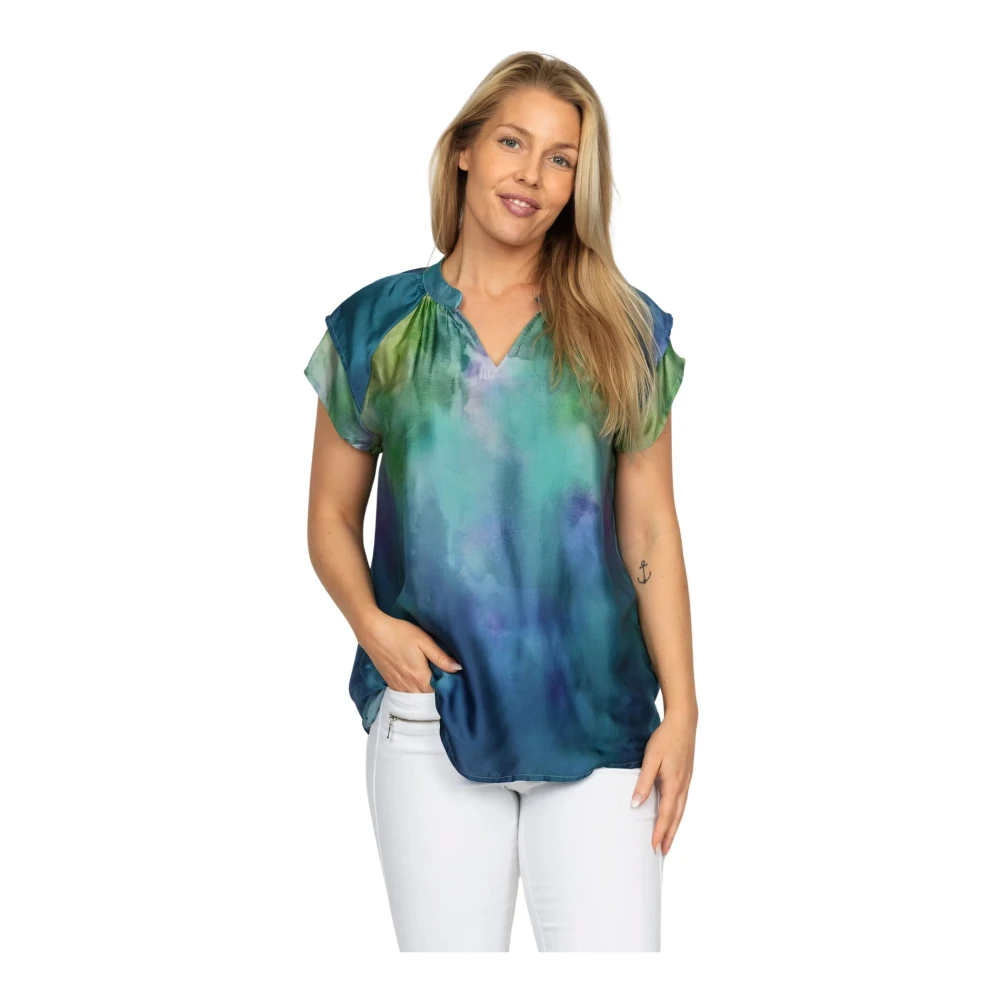 2-Biz Blauwe Zijden Blouse met V-Hals Multicolor Dames